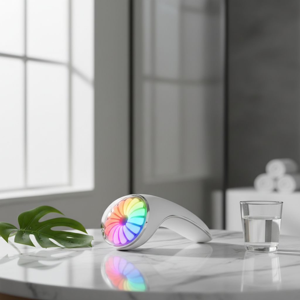 7-Color Microcurrent Facial Massager on marble surface with soft natural lighting